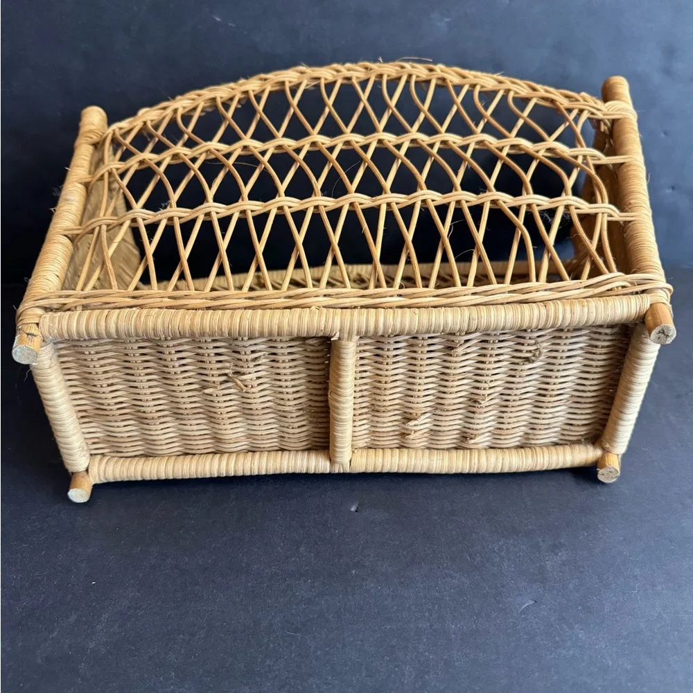Vintage Handmade tan Bohemian delicate wicker magazine holder.